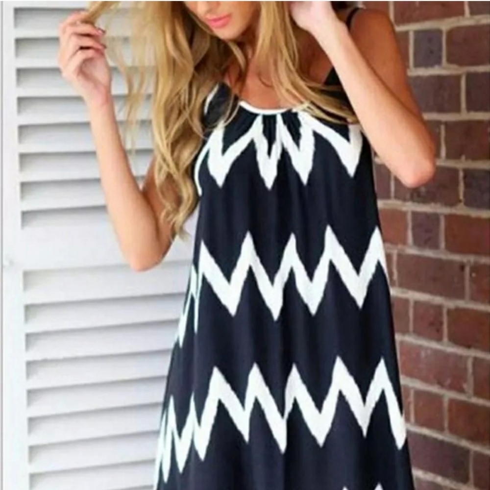 Chevron & Chiffon Tasseled Sling Back Dress - Picture 3 of 6